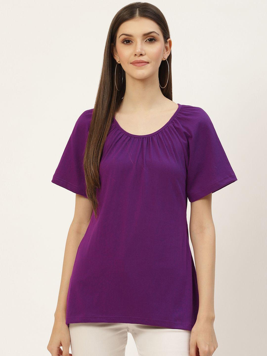 brinns women purple solid pure cotton t-shirt