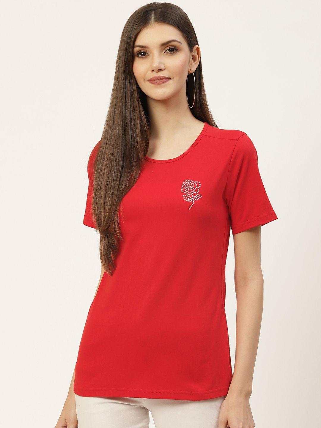 brinns women red embellished pure cotton t-shirt