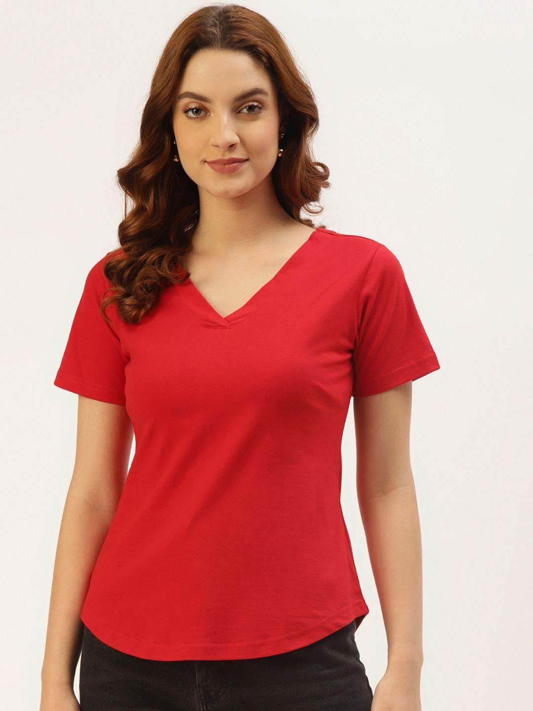 brinns women red solid v-neck pure cotton t-shirt