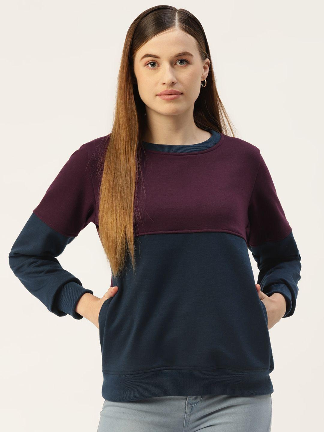 brinns women teal blue & burgundy colourblocked sweatshirt