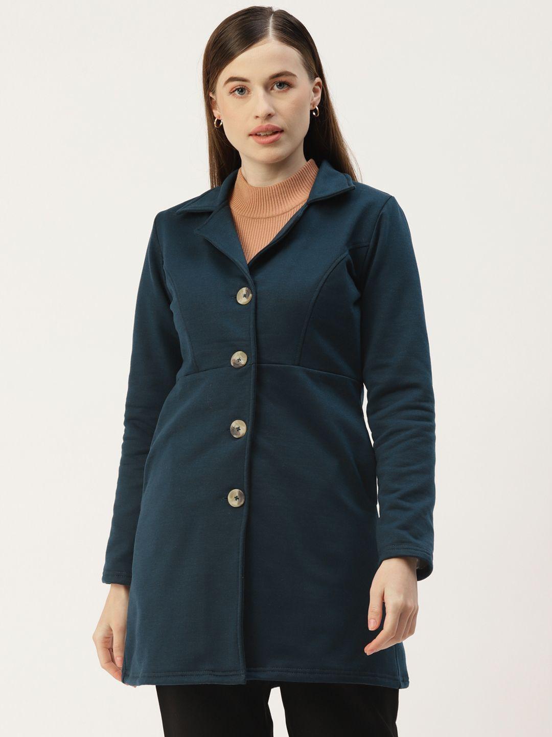 brinns women teal blue single-breasted solid overcoat