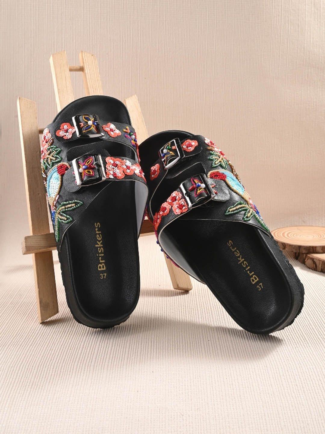 briskers embroidered two strap open toe flats with buckle detail