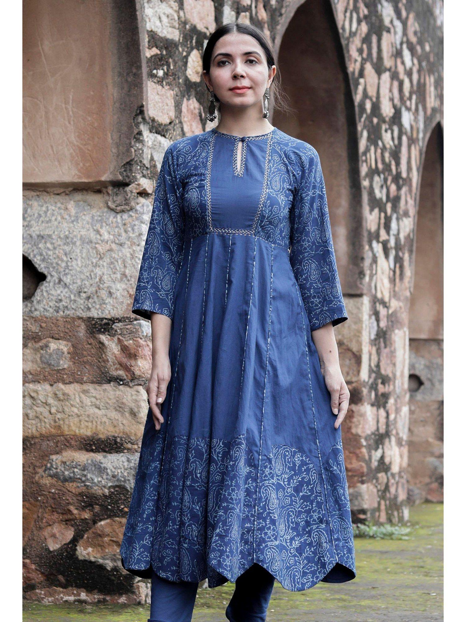 bristi indigo floral printed kalidar kurta dress