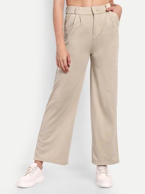 broadstar beige relaxed fit high rise stretchable trousers