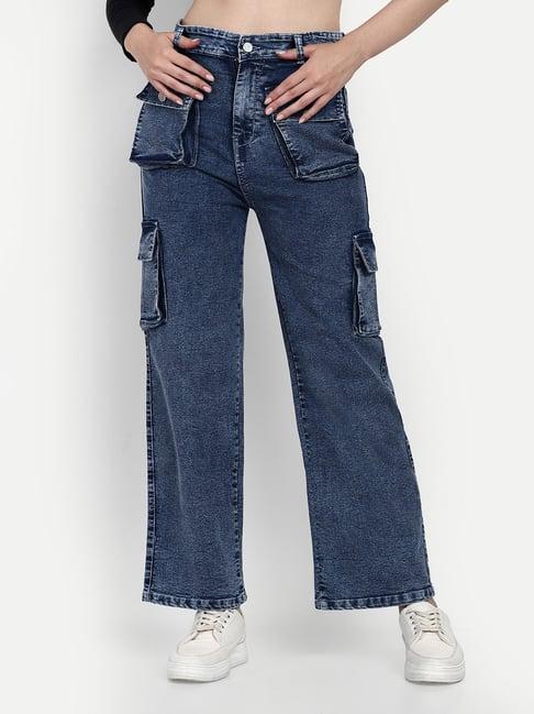 broadstar blue denim relaxed fit high rise cargo jeans