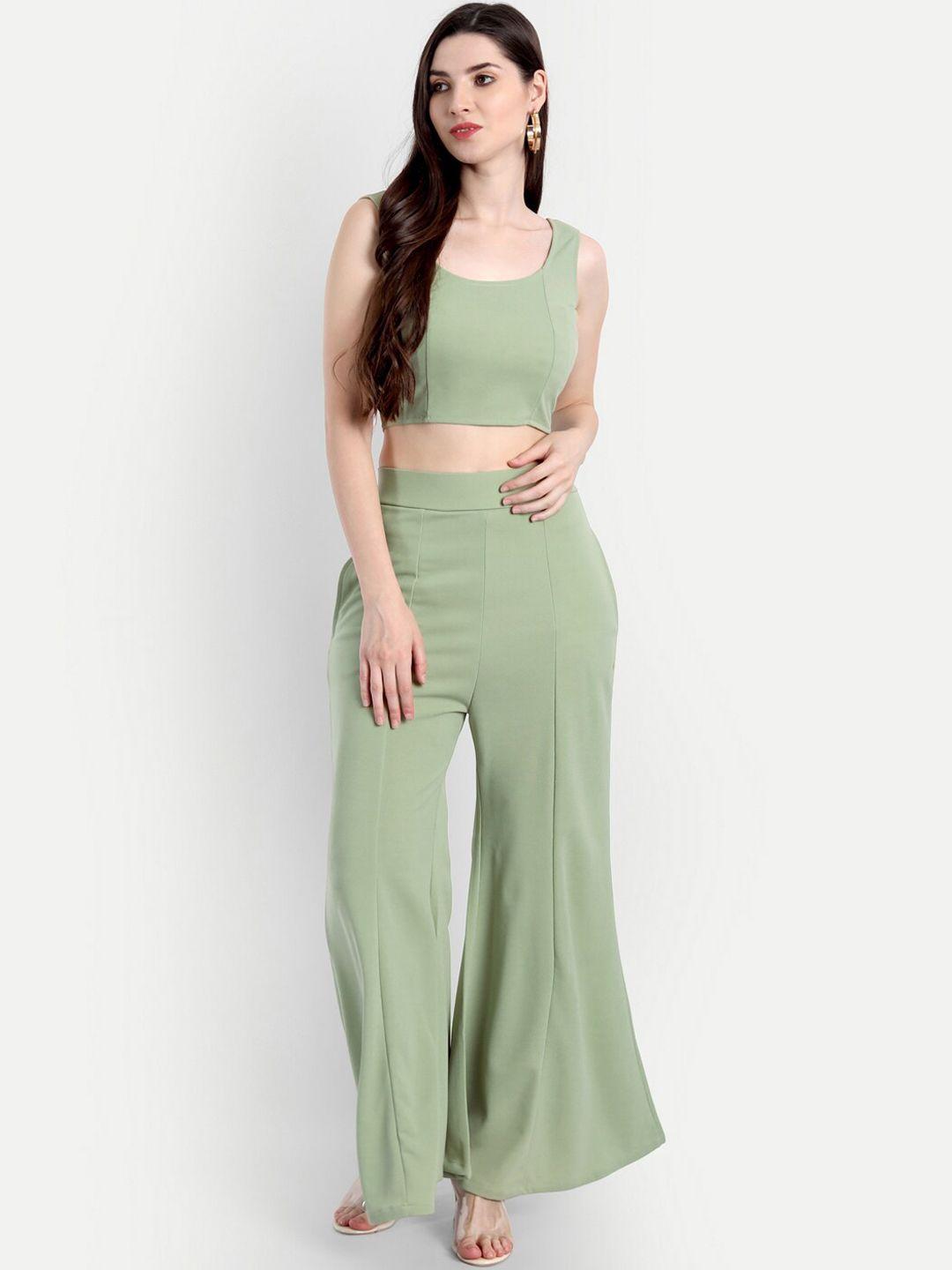 broadstar women olive green solid crop top & trousers