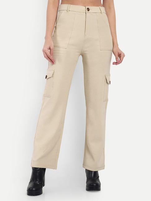 broadstar beige cotton straight fit high rise cargo pants