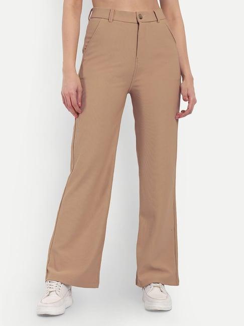 broadstar beige cotton straight fit high rise trousers