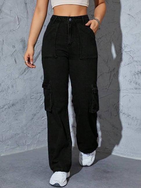 broadstar black denim relaxed fit high rise cargo jeans