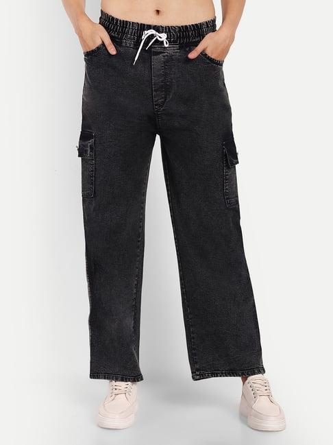 broadstar black denim relaxed fit high rise cargo jeans