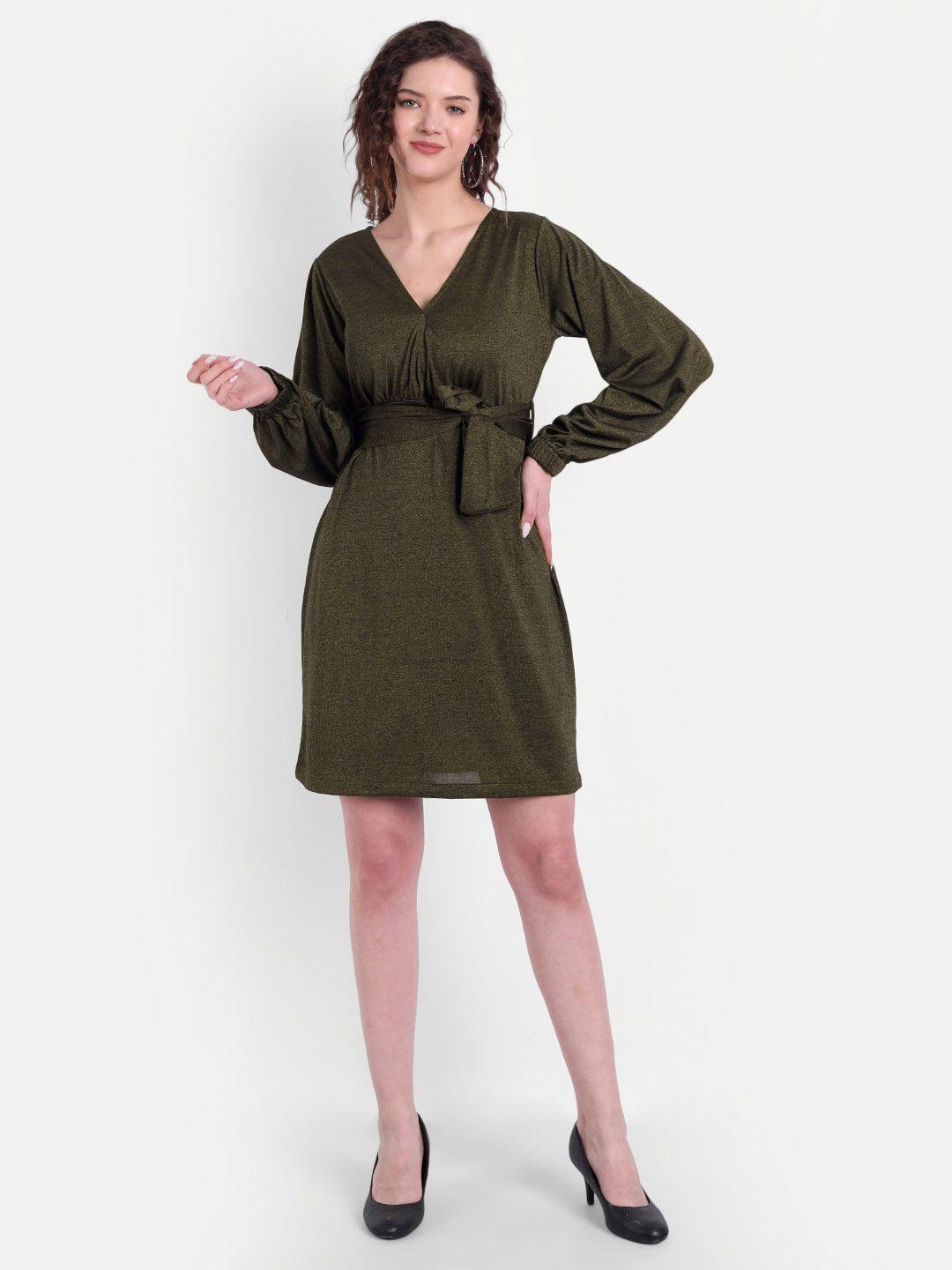 broadstar olive green solid a-line mini dress