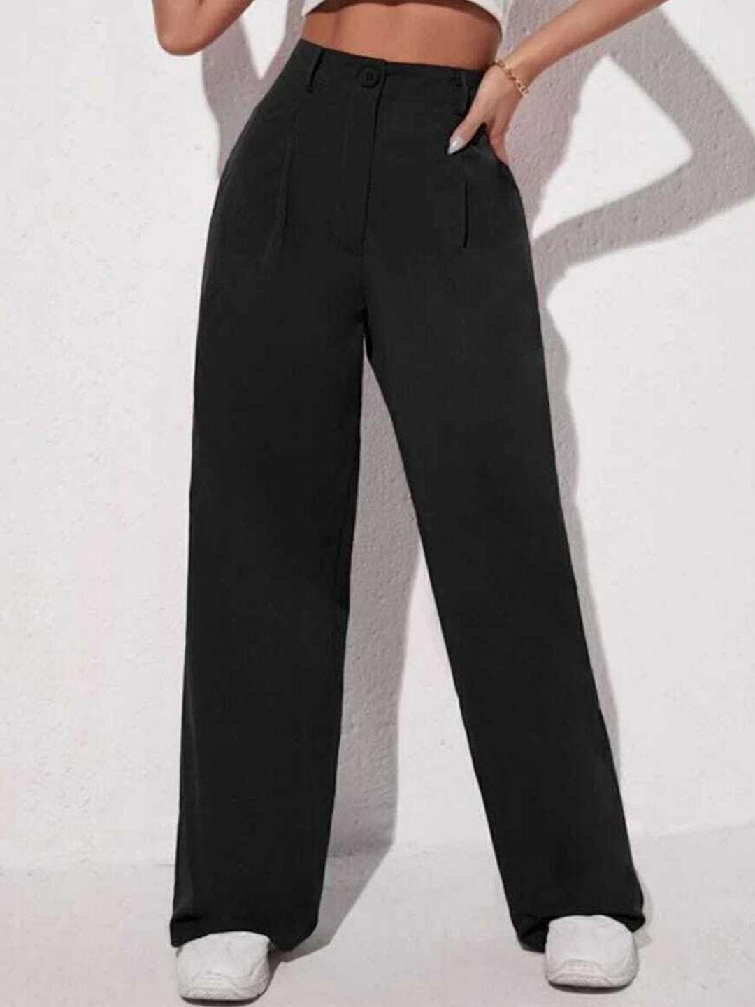 broadstar women black relaxed straight leg loose fit high-rise easy wash pleated trousers