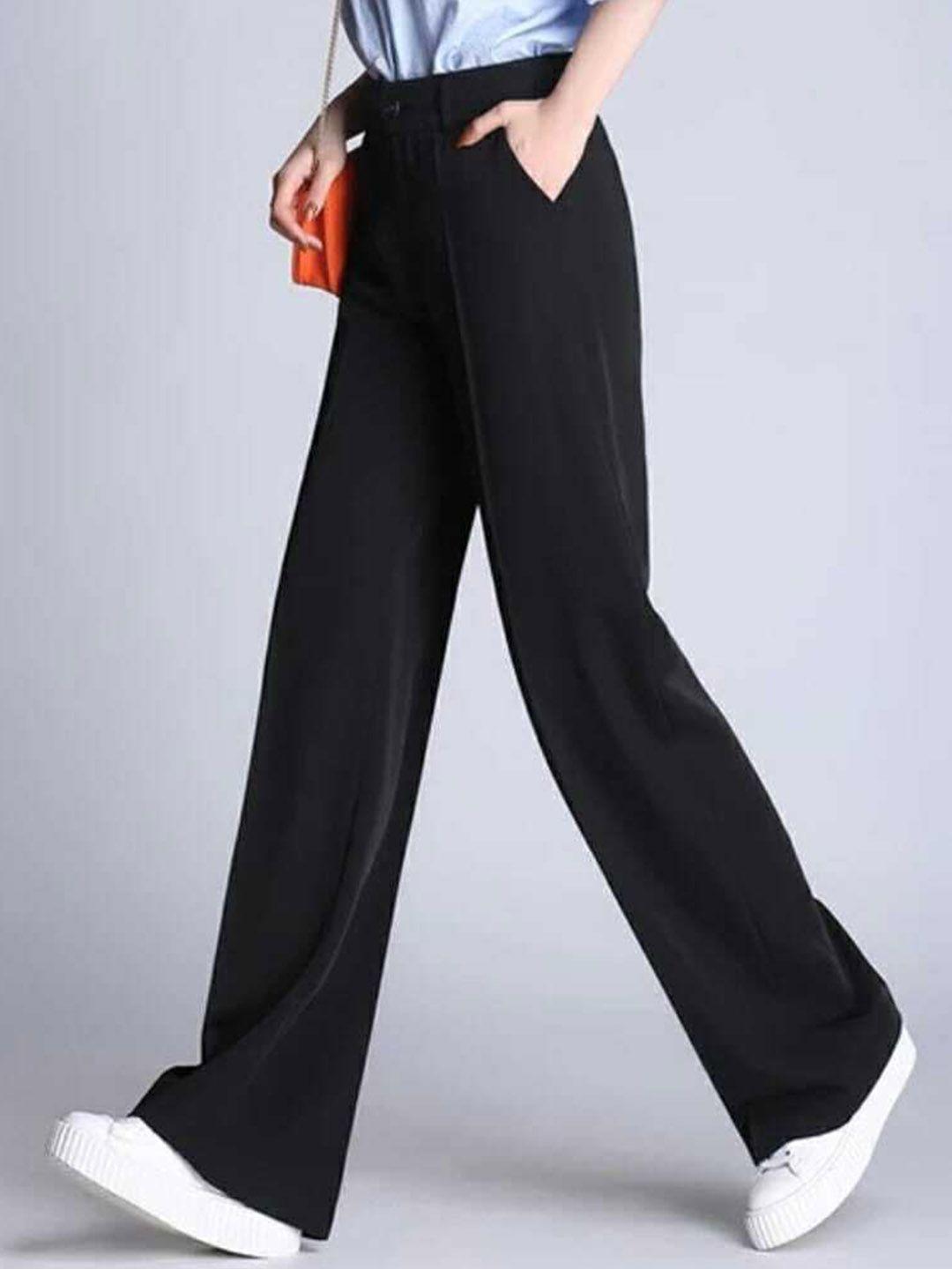 broadstar women black relaxed straight leg loose fit high-rise easy wash trousers