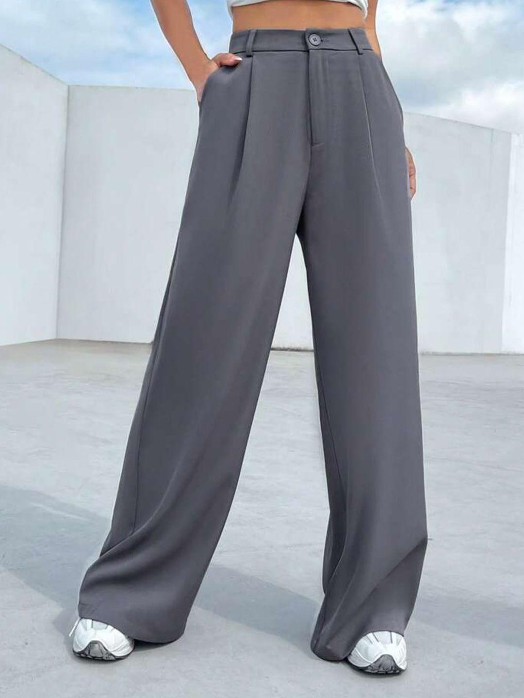 broadstar women grey smart loose fit high-rise easy wash pleated trousers