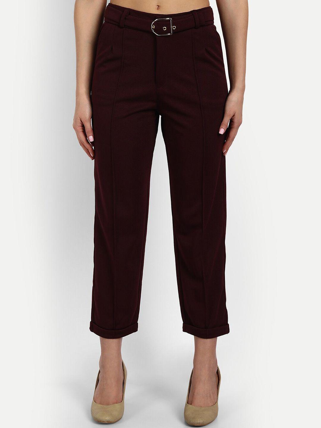 broadstar women maroon straight fit high-rise trousers