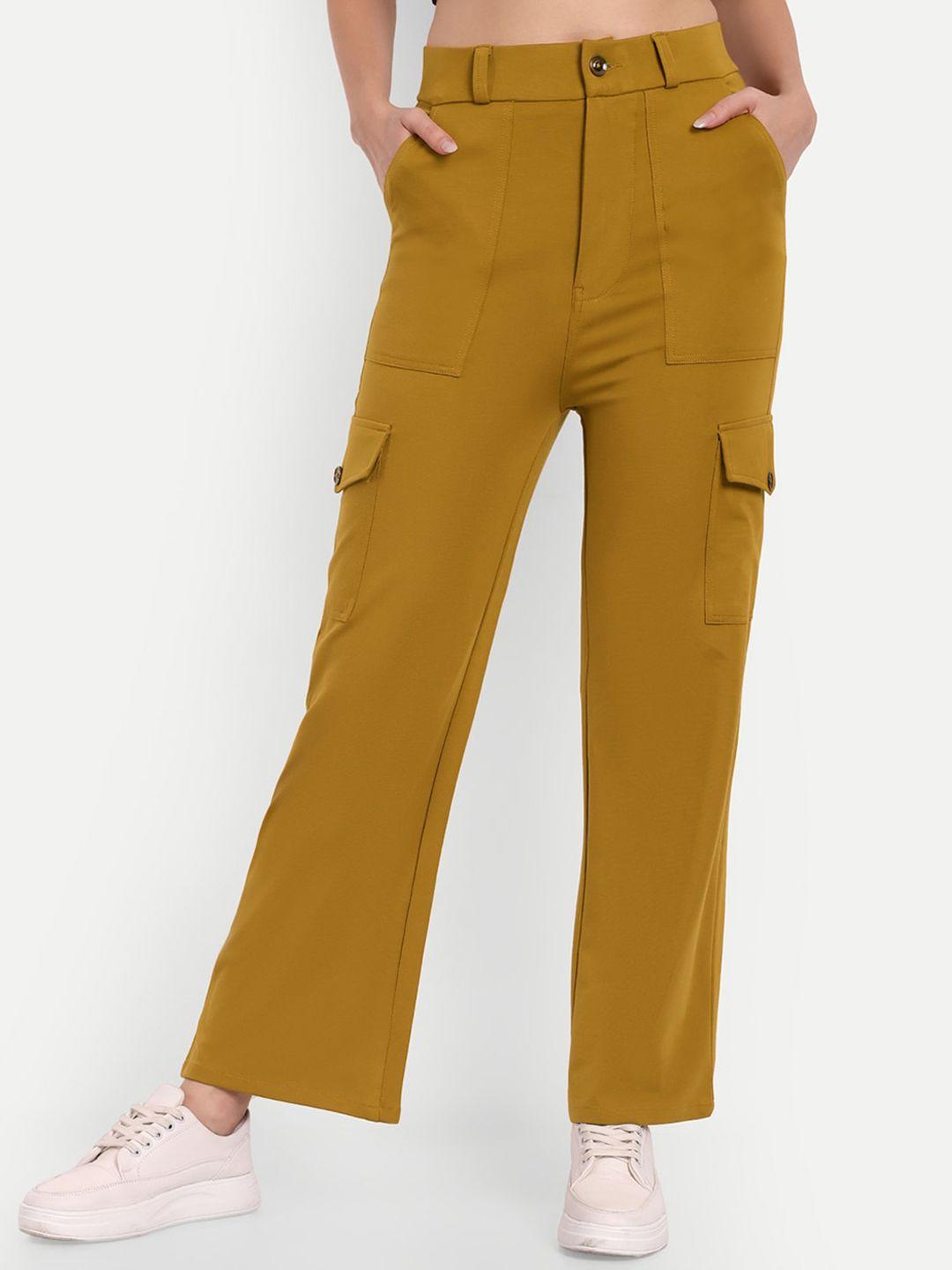 broadstar women mustard yellow smart straight fit high-rise easy wash cargos trousers