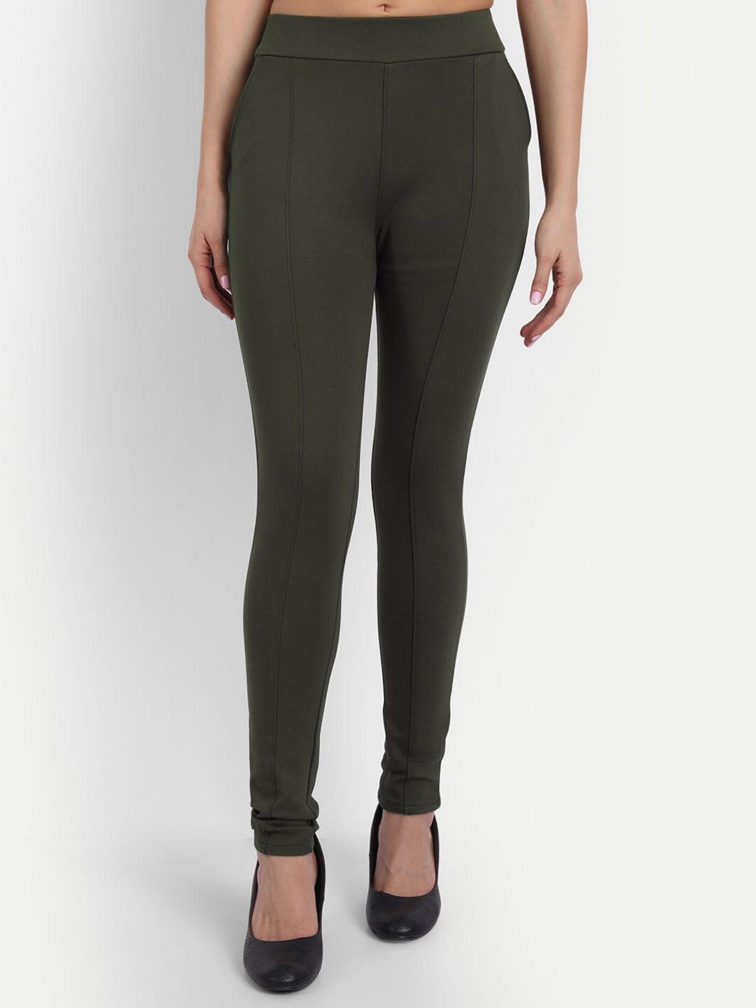 broadstar women olive green slim fit high-rise trousers