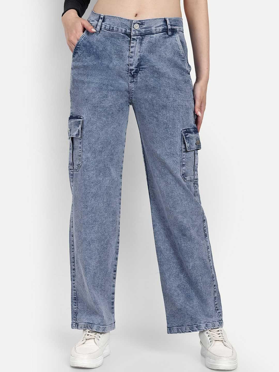 broadstar women smart wide leg high-rise heavy fade stretchable cargo jeans