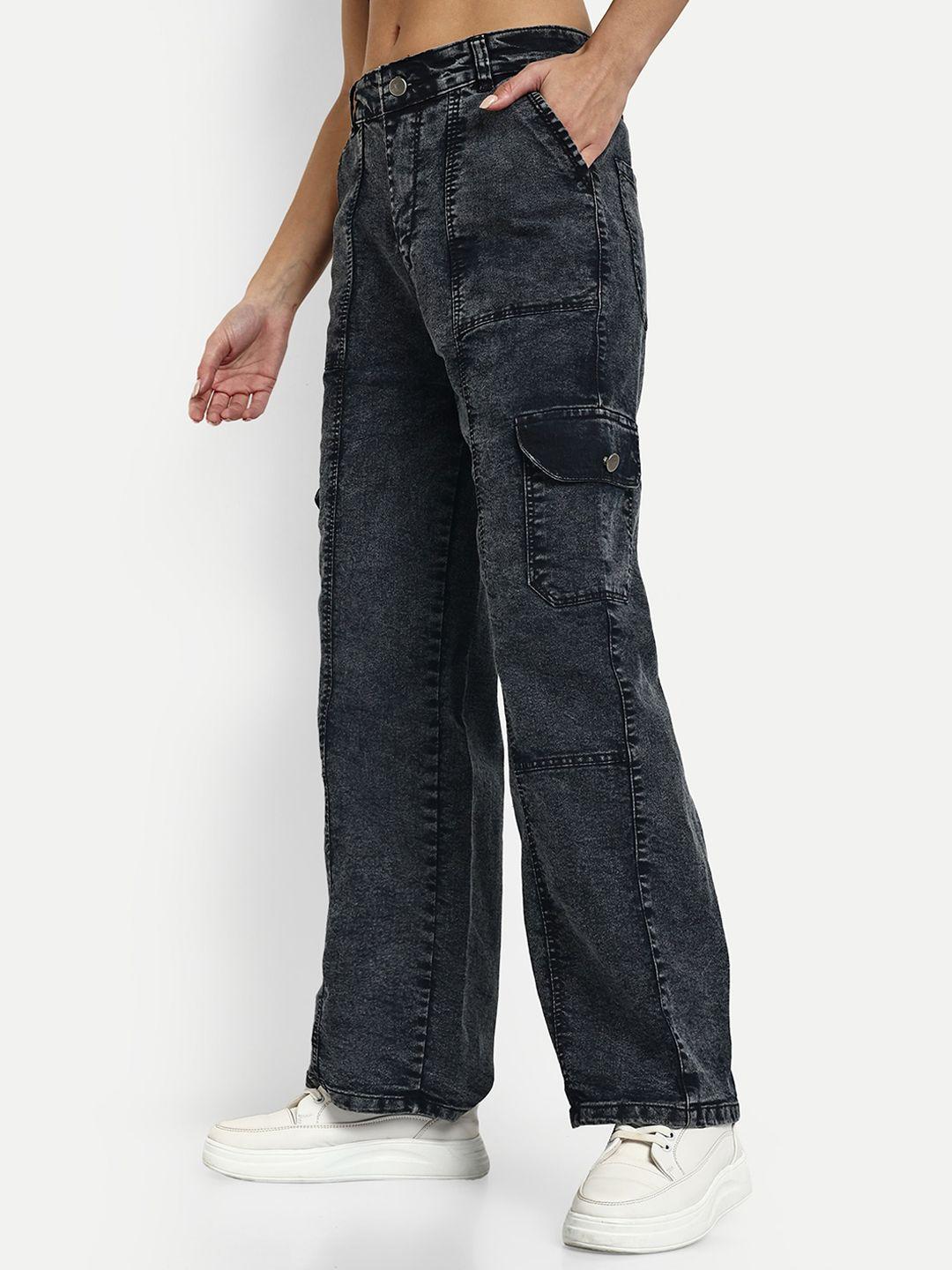 broadstar women smart wide leg stretchable light fade denim cargo jeans