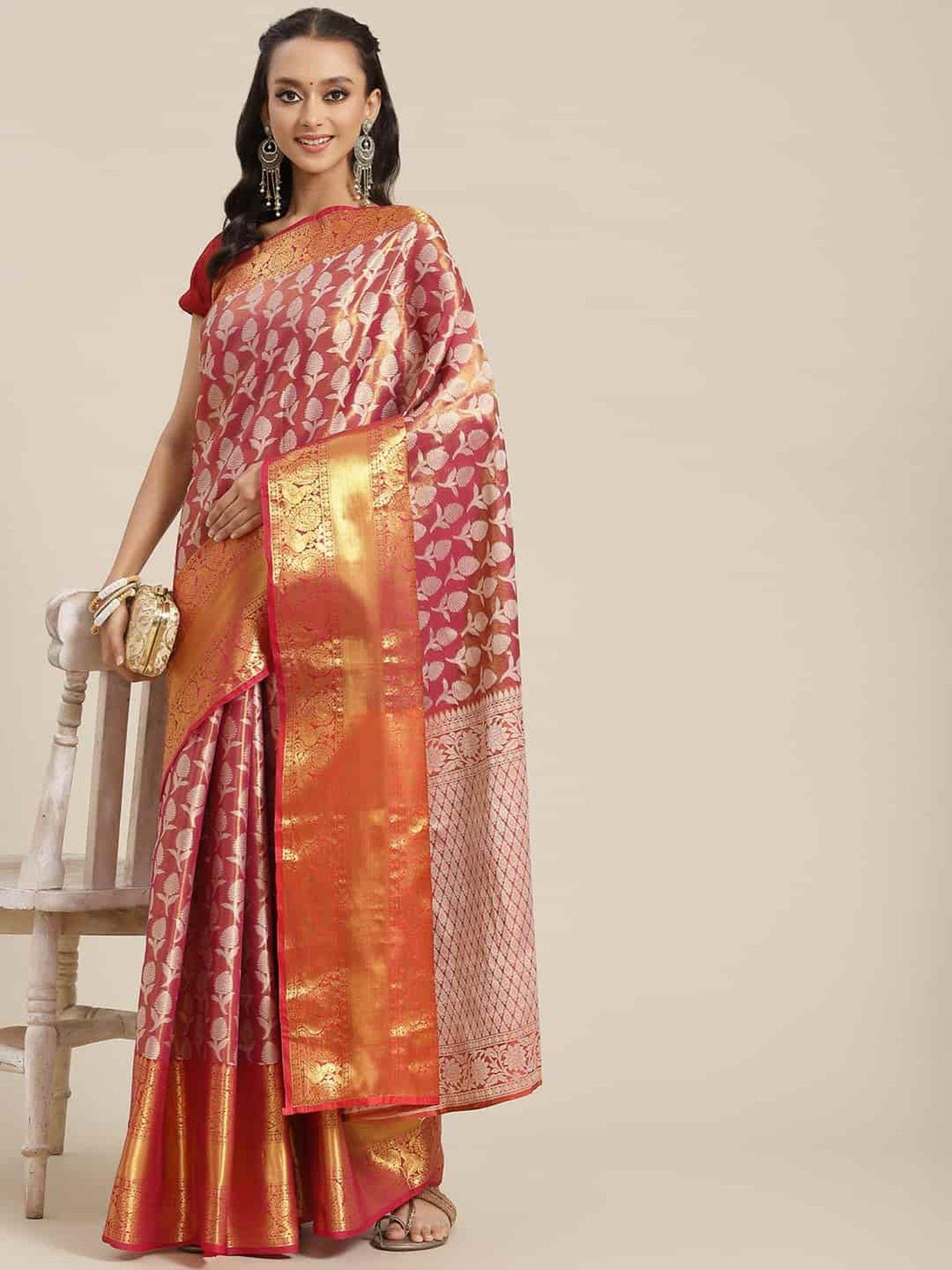 brocade heavy silk saree with unsticthed blouse piece pink with unstitched