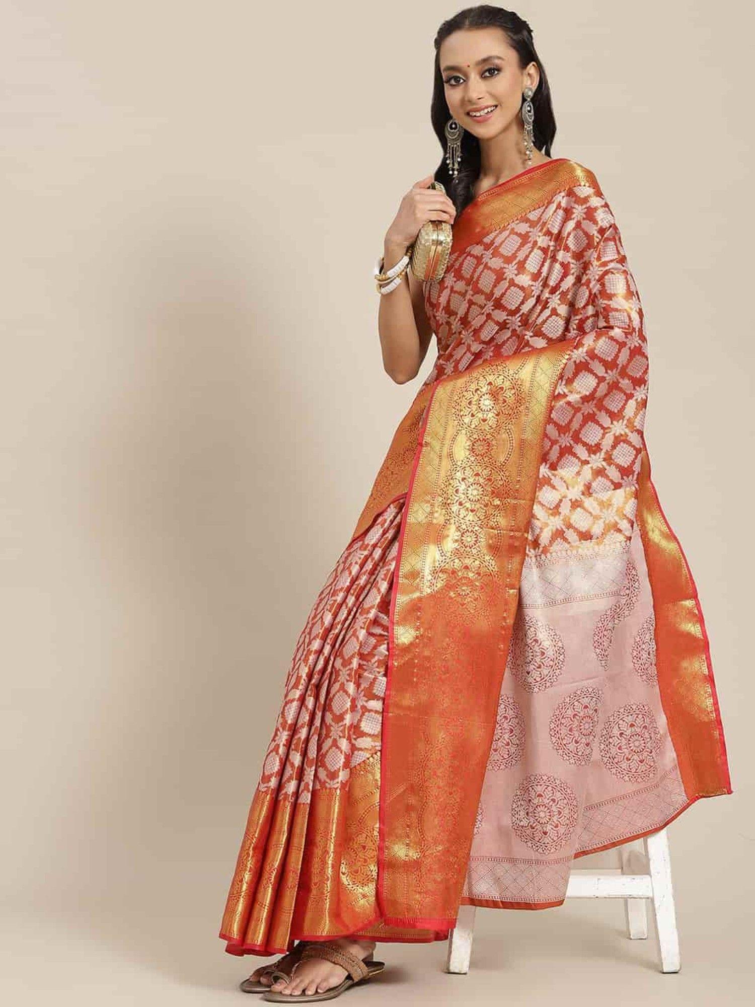 brocade heavy silk saree with unsticthed blouse piece red with unstitched