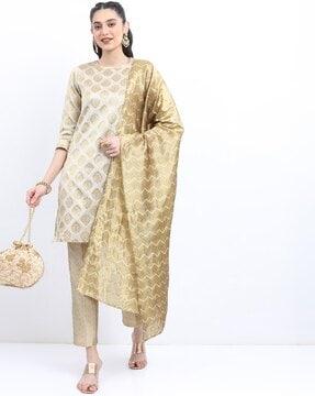 brocade pattern straight kurta suit set