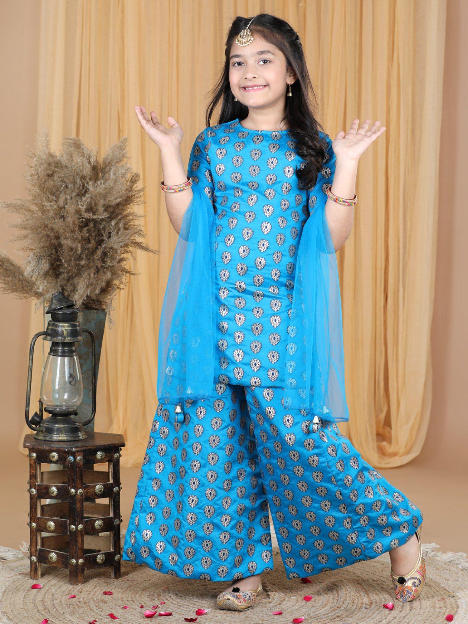 brocade silk kurti palazzo with dupatta blue (set of 3)