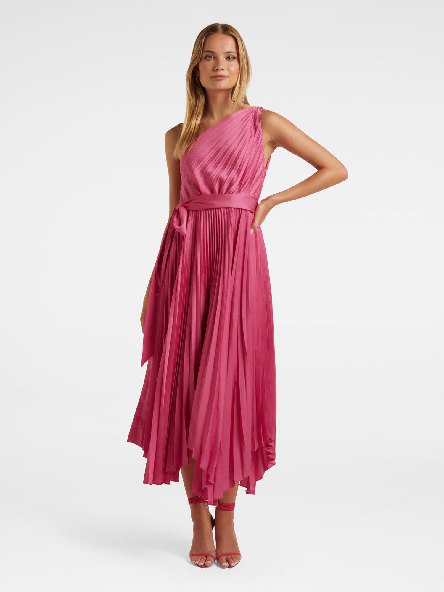 bronte pink satin pleated midi dress with belt (set of 2)
