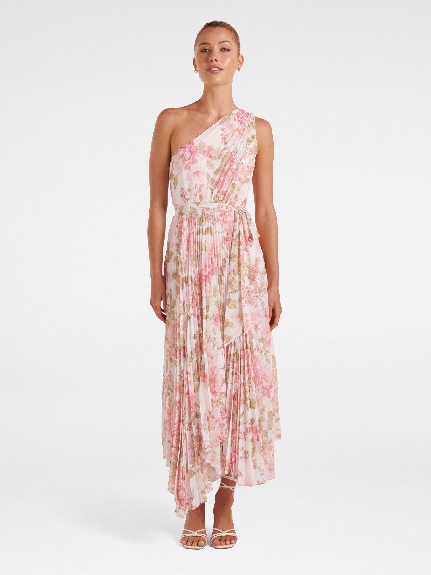 bronte white floral printed pleat maxi dress with belt (set of 2)