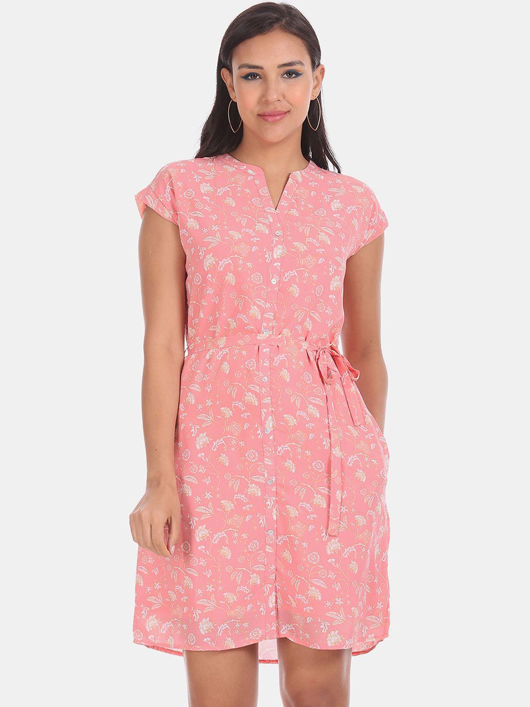 bronz women pink floral printed fit and flare dress