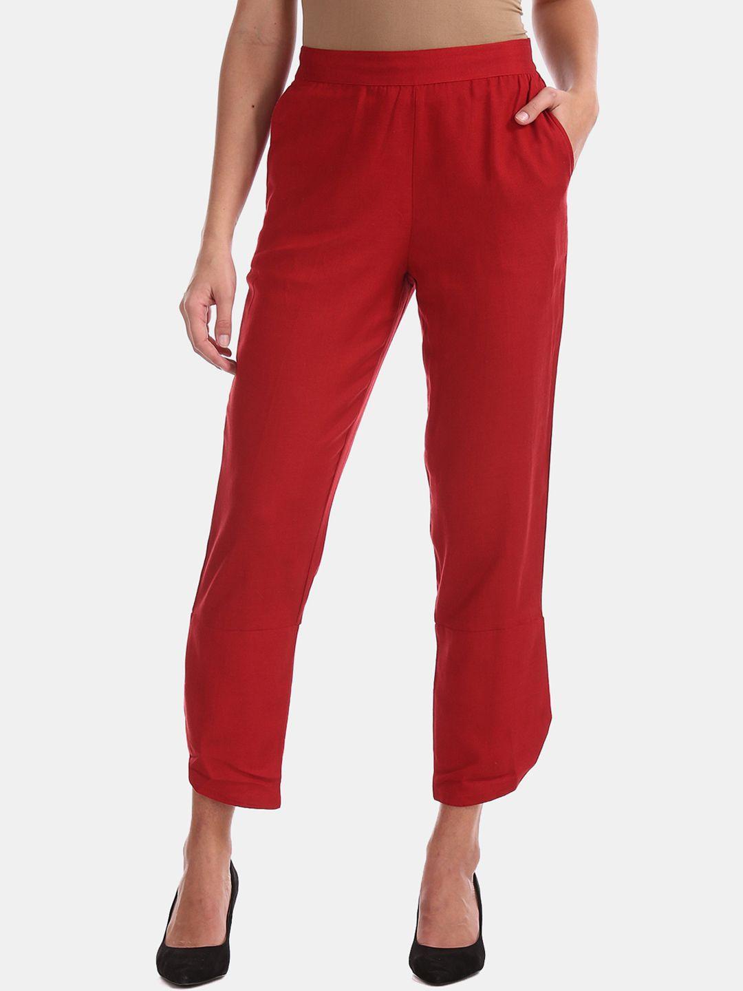 bronz women red solid regular trousers