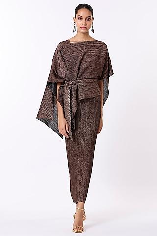 bronze black polyetser cocktail gown with pleated cape