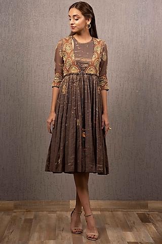 bronze embroidered box pleated dress