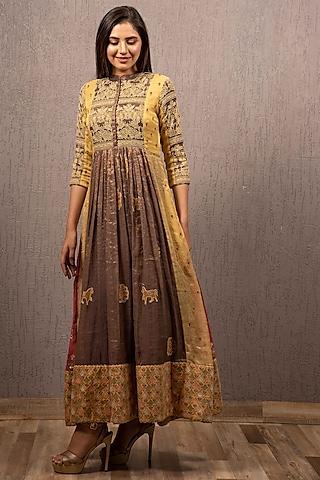 bronze embroidered gathered dress