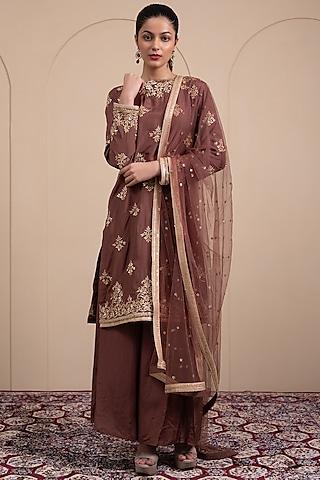 bronze flat silk zari & sequins embroidered kurta set