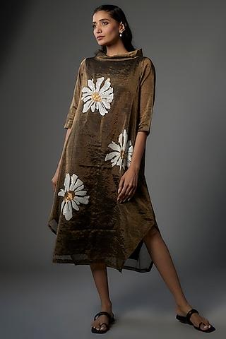 bronze handwoven chanderi tissue embroidered asymmetric dress