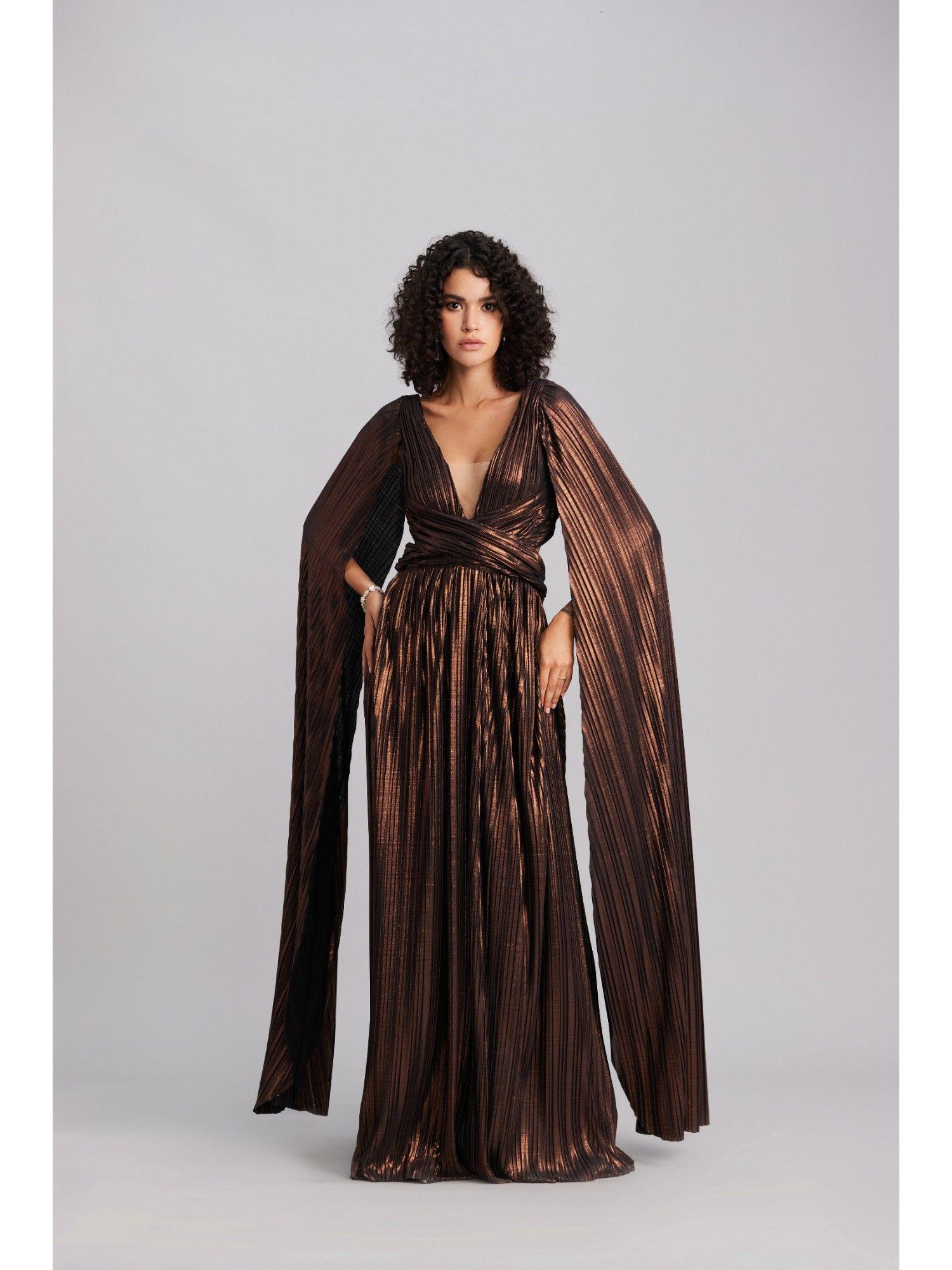 bronze metallic cape maxi dress