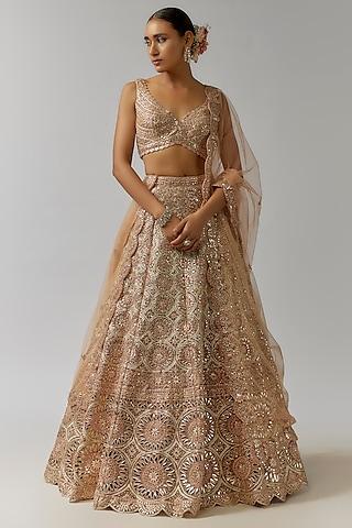 bronze net foil applique embroidered lehenga set