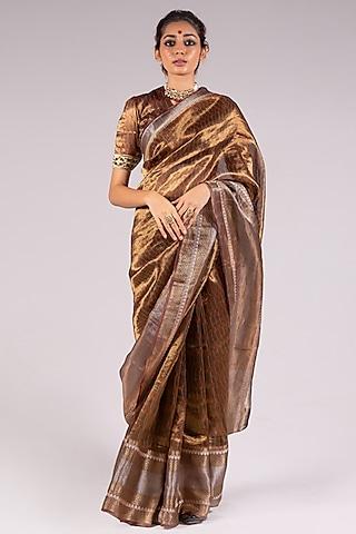 bronze silk tissue printed saree set