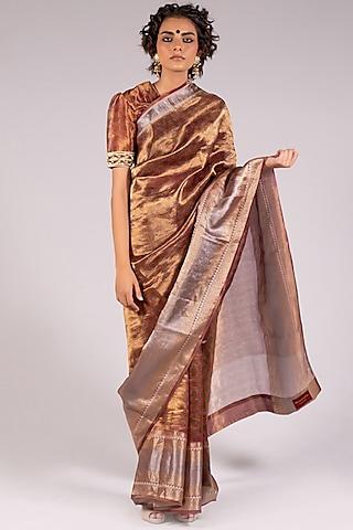 bronze silk tissue printed saree set