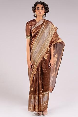 bronze silk tissue printed saree set