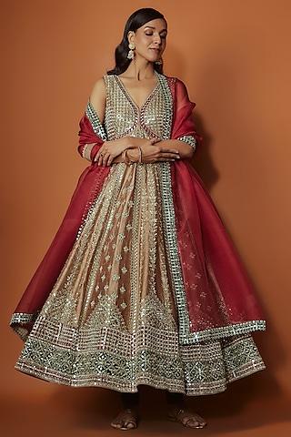 bronze slub silk mirror embroidered anarkali set