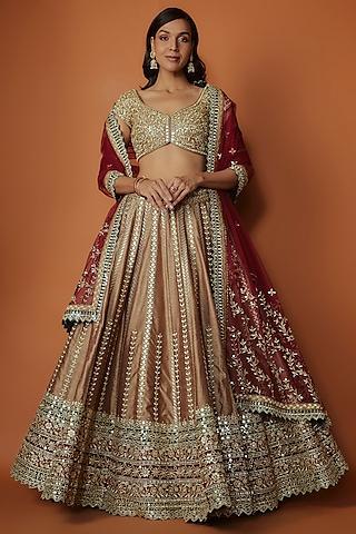 bronze slub silk mirror embroidered lehenga set