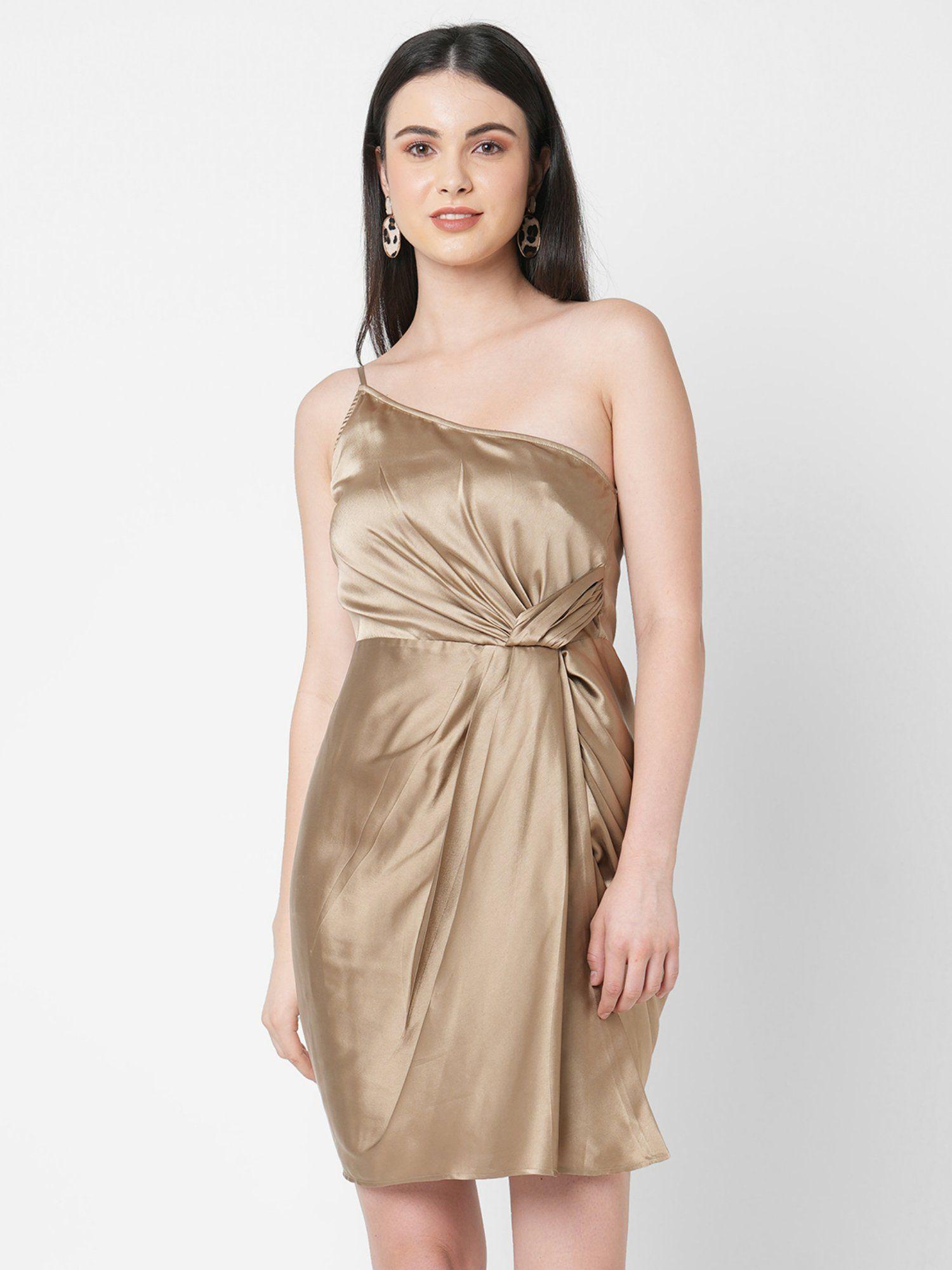 bronze solid dress with knot at waist