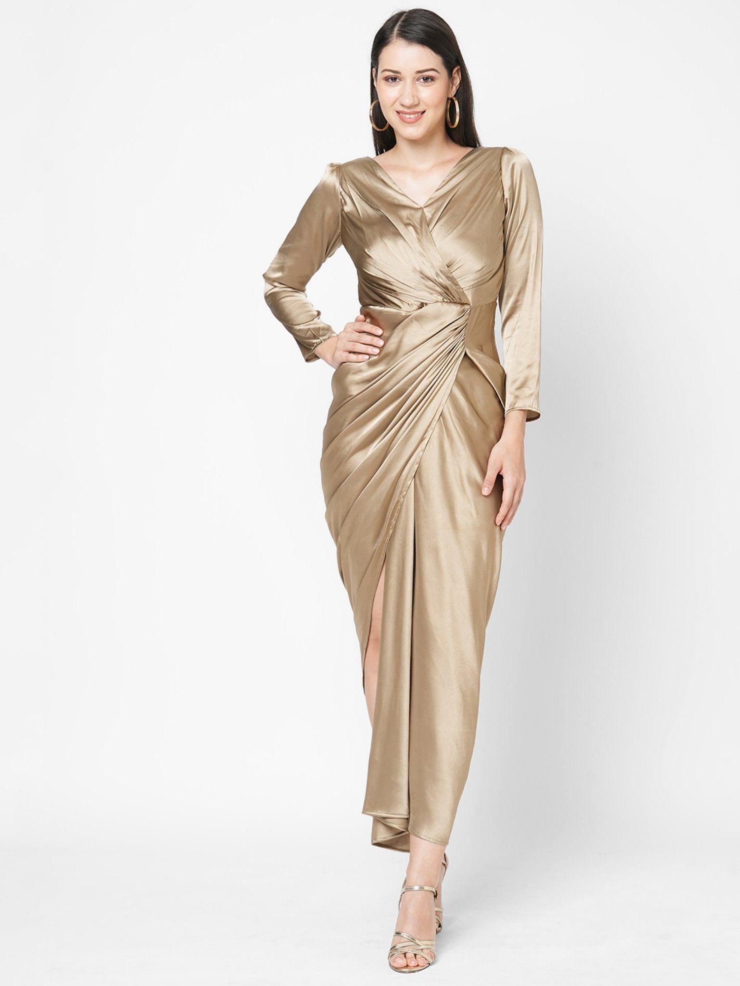 bronze stain wrap style ruched detail maxi dress