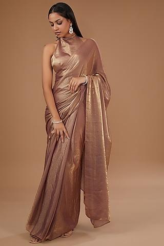 bronze tissue & shimmer crepe weave embroidered pre-stitched saree set
