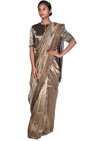 bronze tissue embroidered saree set