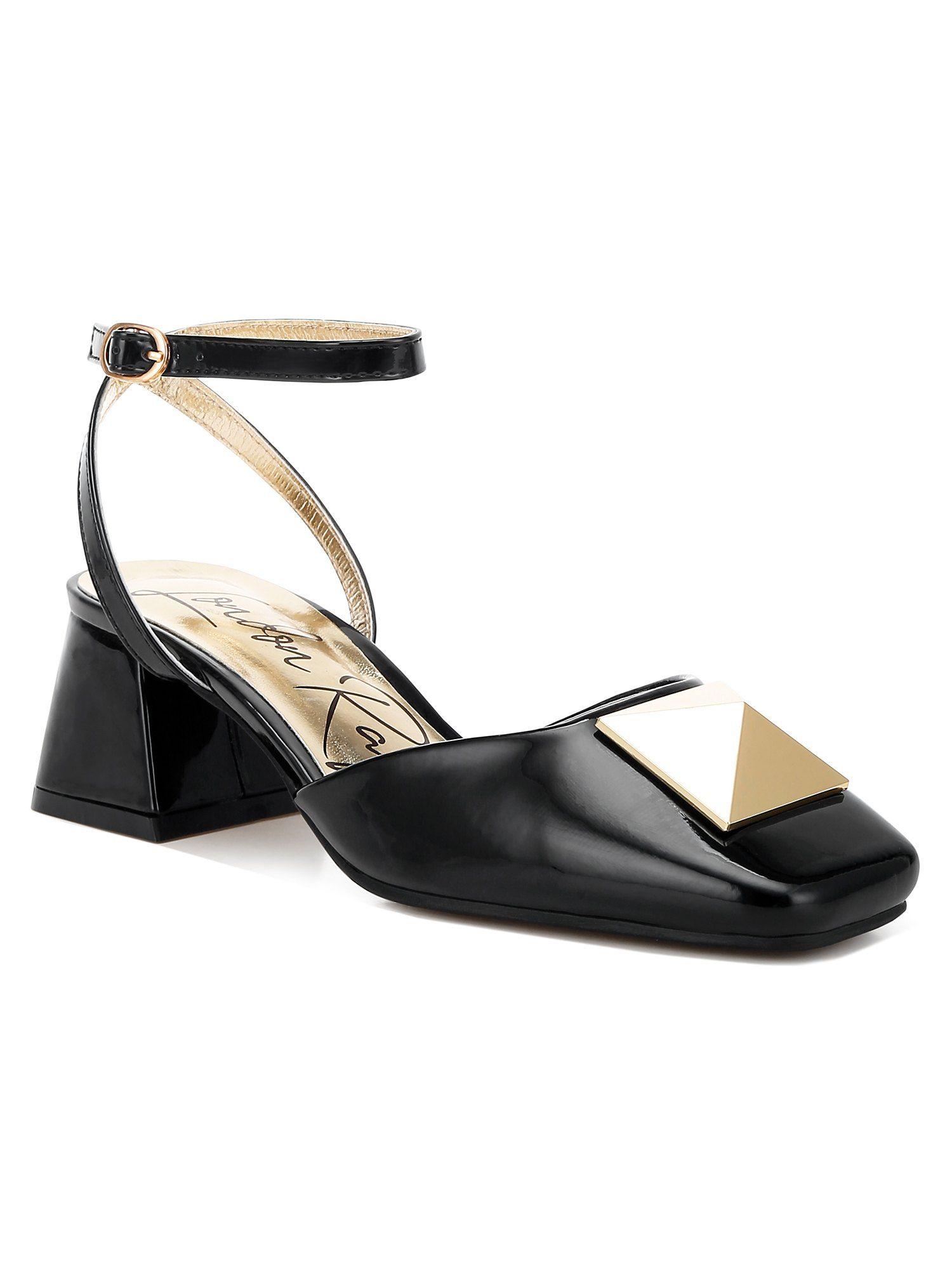 brooch detail ankle strap sandals - black