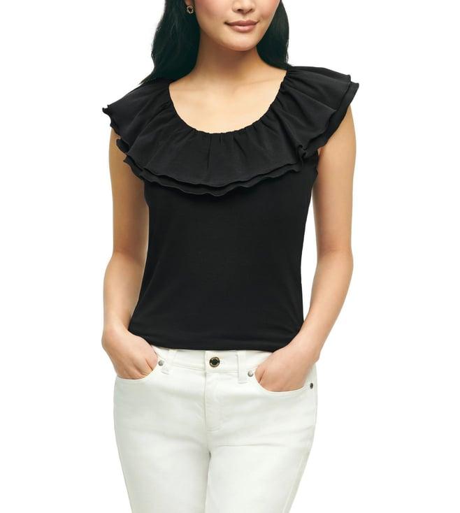 brooks brothers black modern fit sleeve less ruffled cotton knit top