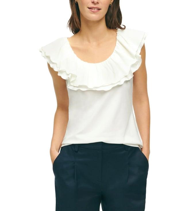 brooks brothers white modern fit sleeve less ruffled cotton knit top